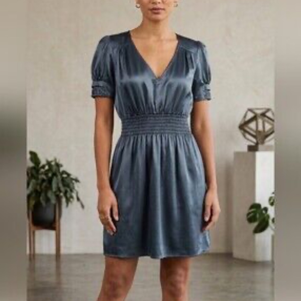 BCBGeneration teal-blue satin short-sleeve mini dress featuring a smocked
